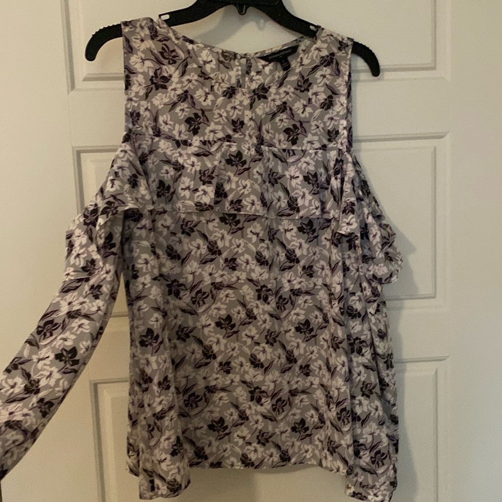 Purple and Grey Floral Off the Shoulder Top with Ruffle